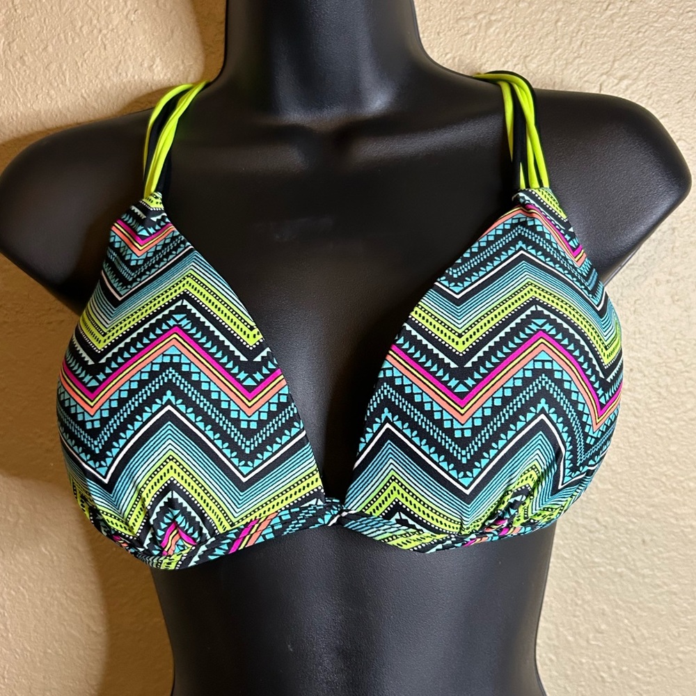 O'Rageous Green Multi Zig Zag Push-up Swim Bikini Top, Size XL